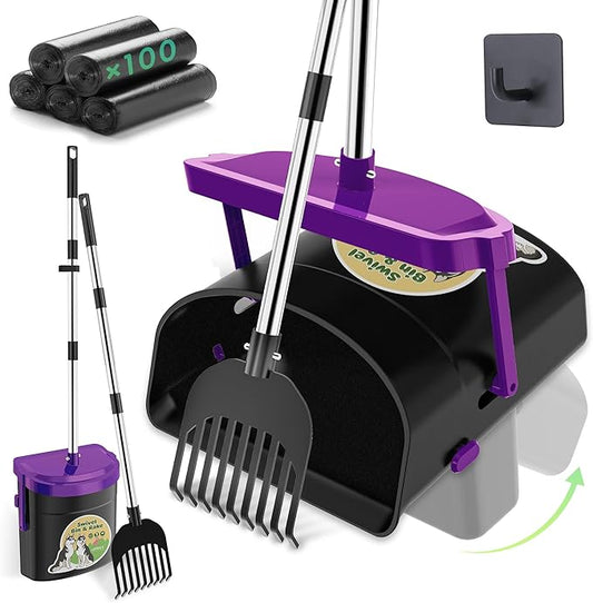 UPSKY Dog Pooper Scooper Swivel Bin & Rake Kit with 100 Waste Bags,33.4" Stainless Steel Long Handle Heavy Duty Pet Poop Shovel for Large Medium Small Dogs, Odor-Proof Lid for Yard/Lawn/Outdoor Use