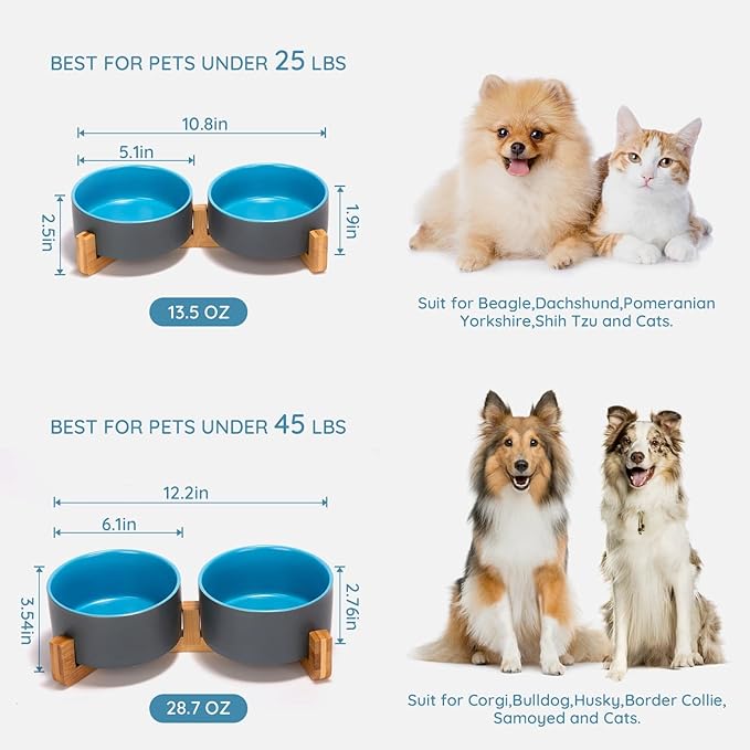 SPUNKYJUNKY Ceramic Dog and Cat Bowl Set with Wooden Stand, Modern Cute Weighted Food Water Set for Small Size Dogs (13.5OZ) & Medium Sized Dogs (28.7OZ) & Cats (3.6 Cups, 2 × Blue-Grey)