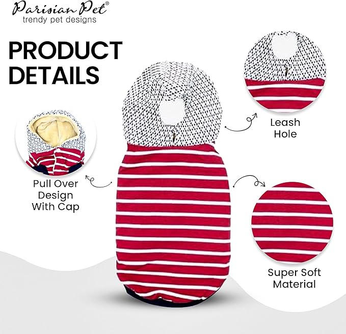 Parisian Pet Basic Dog Hoodie - Lightweight Red Striped Pom Pom Hoodie - Dog Sweatshirt with Pockets - S