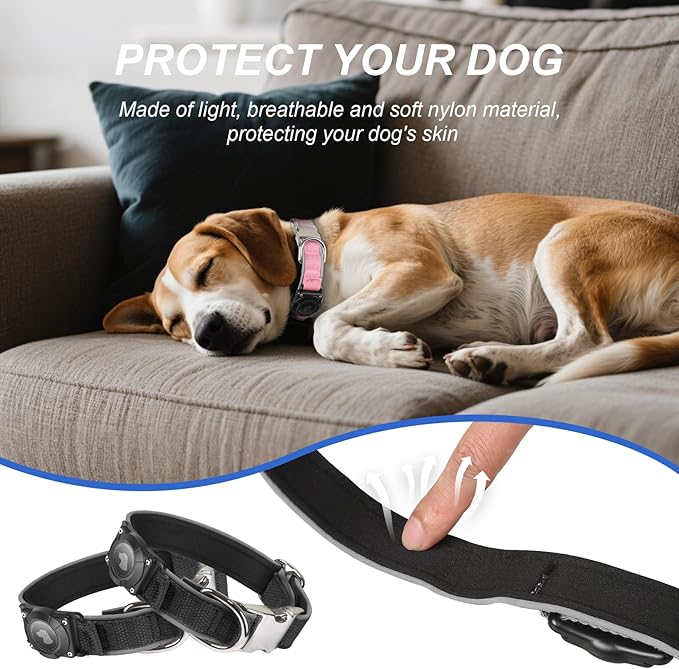 Waterproof Airtag Dog Collar - Nylon Collar with Durable Airtag Holder, Reflective&Anti-Lost with Safety Metal Buckle, Soft Padded Adjustable for Small Medium Large Dogs Black S
