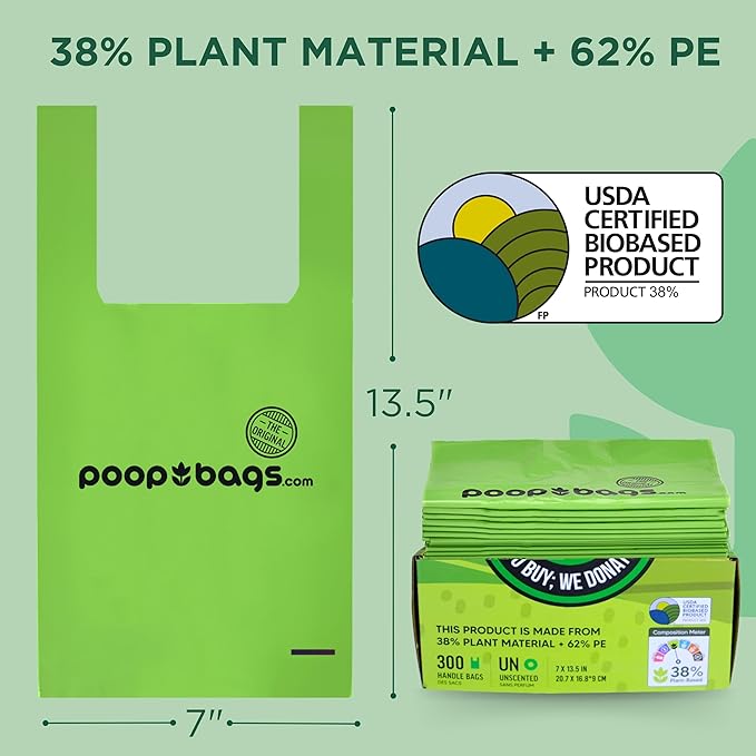 The Original Poop Bags® Dog Waste Bags with Handles, 38% Plant-Based, Heavy-Duty & Leak-Proof, 300 Count