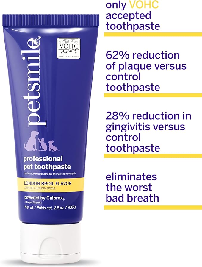 Petsmile Professional Pet Teeth Brushing Kit for Cats & Dogs - Only VOHC Accepted Toothpaste & Patented Toothbrush - Proven to Control Plaque & Tartar Calprox Formula (London Broil, 2.5 Oz)