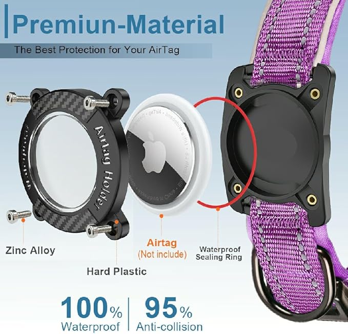 Upgraded AirTag Dog Collar, IP68 Waterproof Dog Collar with Apple Air Tag Holder, Reflective Adjustable Heavy Duty Dog Collars with Soft Padded for Small, Medium and Large Dogs,Purple, S