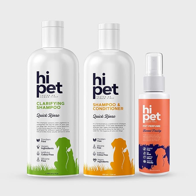 Hi Pet Hair and Skin Care Set, Clarifying Shampoo, Conditioner Shampoo, Sweet Fruity Cat and Dog Perfume, Deep Cleansing and Moisturizing