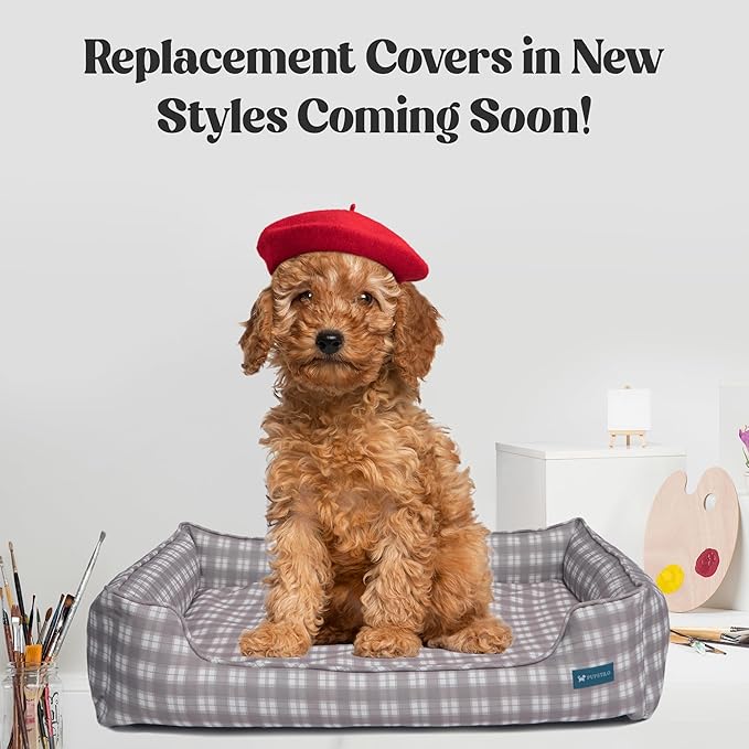 Orthopedic Bolster Dog Bed – CertiPUR-US Foam, Recycled Polyester Canvas, Washable Cover, Anti-Slip Bottom, Small, Grey Plaid – Stylish Designer Dog Sofa