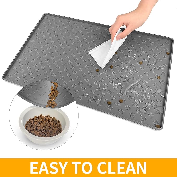 Ptlom Pet Placemat for Dog and Cat, Mat for Prevent Food and Water Overflow, Suitable for Small, Medium and Big Pet,24.5" 16.5", Grey