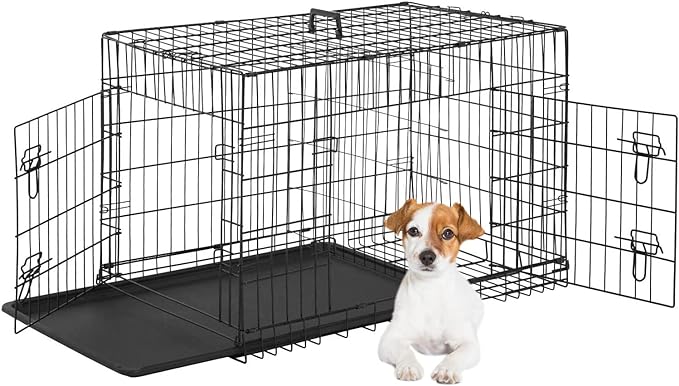FDW Dog Crate for Small Dogs 24 Inch Folding Metal WirePet Cage Double Door W/Divider Panel Indoor Outdoor Kennel Leak-Proof Plastic Tray,Black