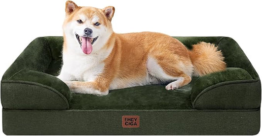 EHEYCIGA Orthopedic Dog Beds for Large Dogs, Waterproof Memory Foam Large Pet Bed with Sides, Non-Slip Bottom and Egg-Crate Foam Dog Couch Bed with Washable Removable Cover, Dark Green
