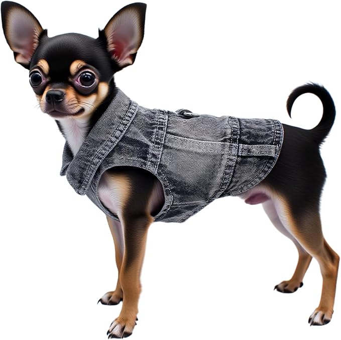 Puppy Clothes for Small Dogs Boy,Classic Western Denim Dog Coat,Dog Jeans Jacket with Leash D-Ring,Pet Cat Costumes,Cooling Harness Vest for Walking (Black, X-Large)