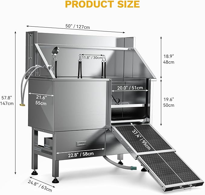 DWVO Professional Dog Bathing Station Stainless Steel 304 Dog Bathtub 50in for Grooming w/Left Door Ramp, 2 Storage Drawers, Faucet, Grate, Pet Washing Station for Large, Medium, Small Pets