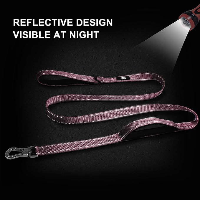 TwoEar 6FT 1IN Strong Pink Dog Leash with 2 Padded Handles, Traffic Handle Extra Control, Comfortable Soft Dual Handle, Auto Lock Hook, Reflective Walking Lead for Small Medium and Large Dogs