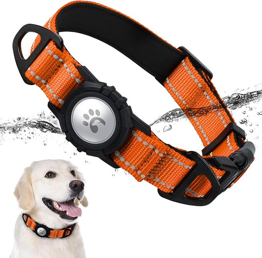 TagME Airtag Dog Collar,Waterproof Reflective Pet Collar with Airtag Holder,Soft Padded and Double D-Rings for Extra Large Dogs,Orange