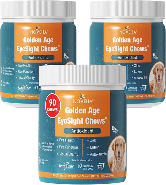 NOVEHA Eye Supplement for Dogs - Vision Support with Lutein + Vitamin C & Astaxanthin Antioxidants - Dog Vitamins for Eyes + Fish Oil for Omega 3 EPA - Made in USA - 90 Soft Chews (3 Pack)