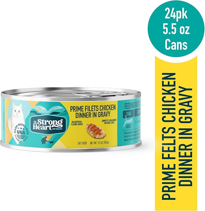 A Strong Heart Canned Wet Cat Food, Prime Filets Chicken Dinner in Gravy - 5.5 oz Cans (Pack of 24), Made in The USA with Real Chicken