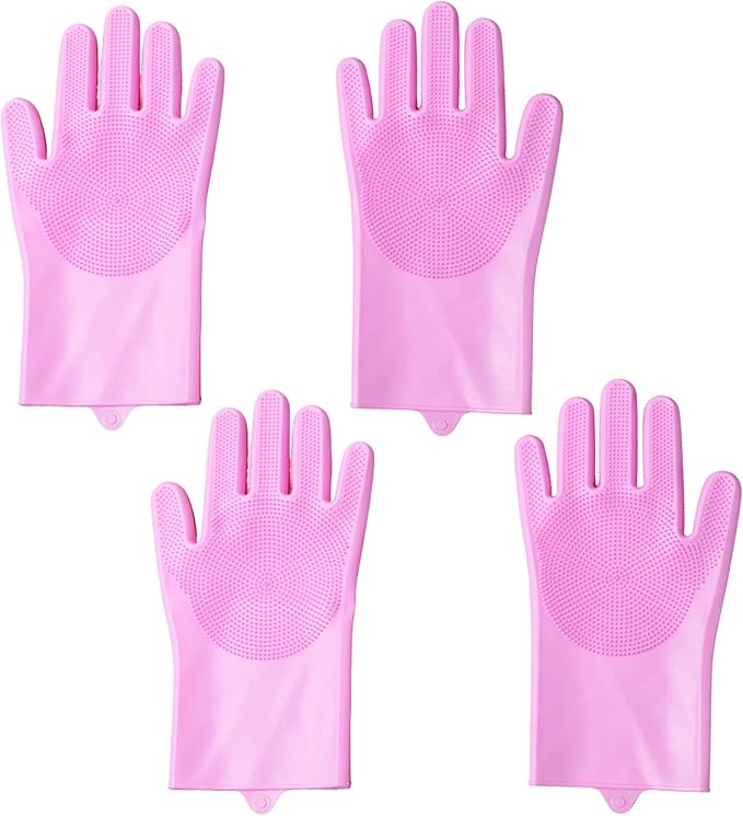 Pet Grooming Gloves，Heat-Resistant Silicone Gloves with High-Density Teeth for Enhanced Massaging and Bathing of Dogs and Cats (Pink, 2 Pair)