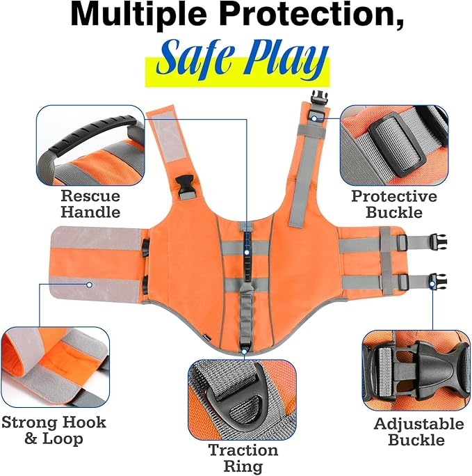 Pawaboo Dog Life Jacket, Reflective Dog Safety Vest Adjustable Pet Life Preserver with Strong Buoyancy & Sturdy Rescue Handle, Ripstop Dog Lifesaver Vests for Swimming, Boating, L, Orange