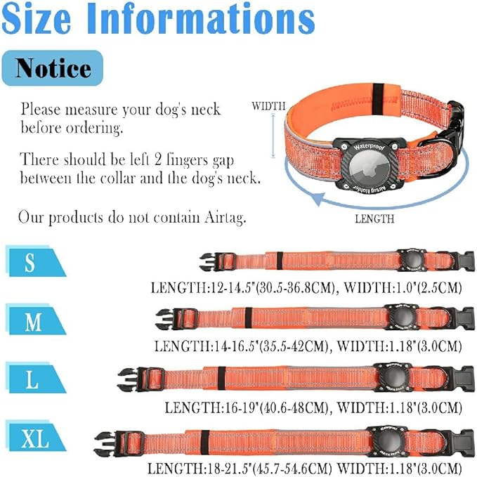 Upgraded AirTag Dog Collar, IP68 Waterproof Dog Collar with Apple Air Tag Holder, Reflective Adjustable Heavy Duty Dog Collars with Soft Padded for Small, Medium and Large Dogs,Orange, S