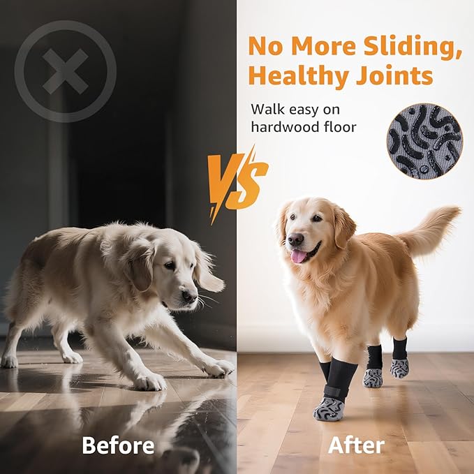 Double Sides Non-Slip Dog Socks to Prevent Licking Paws - Strong Traction for Hardwood Floors, Senior Dogs, Paw Protector, Dog Socks with Grippers Black