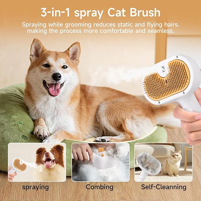 Pet Steam Brush for Dog & Cat–3-in-1 Spray Hair Removal Comb–Steam Brush for Shedding & Grooming–Water Brushes for Long & Short Haired Pets–Spritz Defur Comb–Includes Waterless Shampoo & Ear Wipes