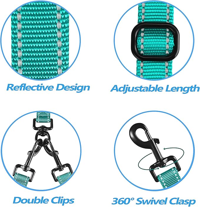 PetBonus Double Dog Leash, No Tangle Dual Leash, Reflective Walking Training Lead, 4 Comfortable Padded Handles for 2 Dogs with Collapsible Bowl and Waste Bags (Turquoise, Large)