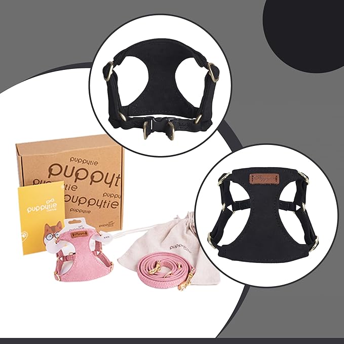 Puppytie No Pull XXS Puppy Harness with Multifunction Dog Leash,Soft Adjustable No Choke Escape Proof Pet Harness Vest,Black,XXS