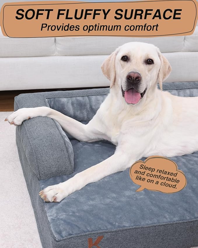 KSIIA Orthopedic Dog Bed for Large Sized Dog，Washable Pet Sofa with U-Shaped Bolster Removable Waterproof Cover Non-Slip Bottom and Egg-Crate Orthopedic Foam Pet Couch Bed, 41 x 27 Inch, Dark Gray