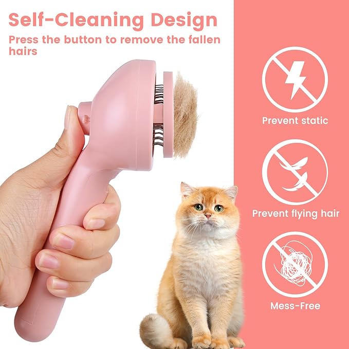 Steam Brush for Shedding Pets - Self-Cleaning Grooming Comb with Water Tank for Long & Short Haired Cats and Dogs (Pink)