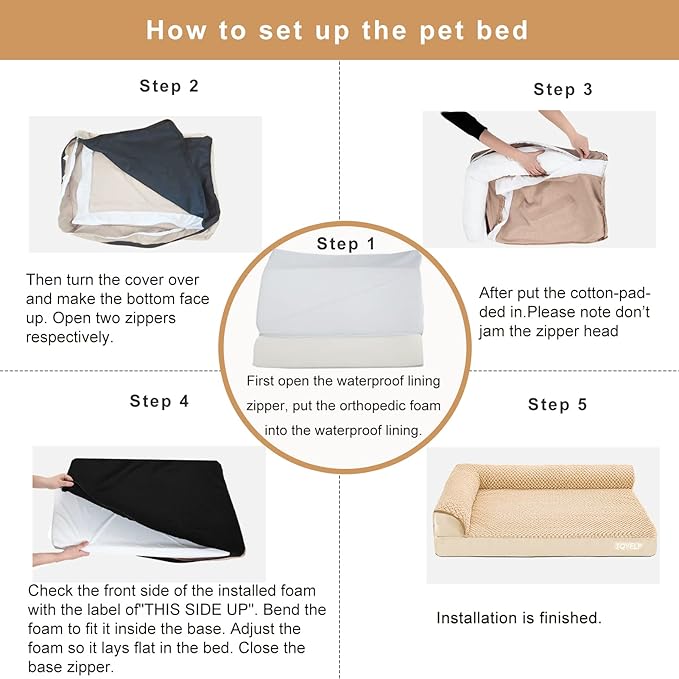 JOYELF Orthopedic Dog Bed for Medium Dogs,U-Shaped Foam Sofa Bed, Bolster Waterproof Pet Bed with Removable Washable Cover and Nonskid Bottom, for Small to Medium Dogs - Khaki