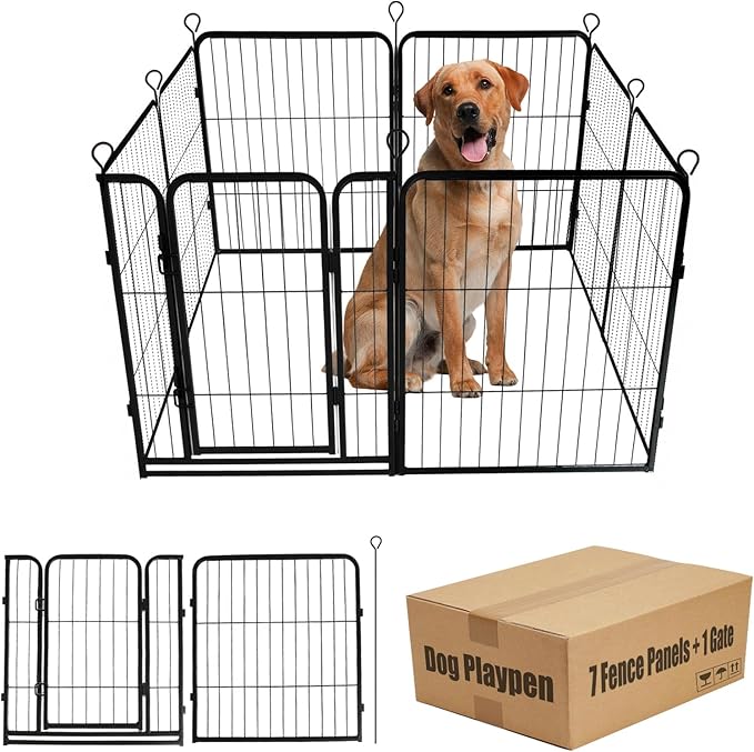 Dog Playpen,24 32 40 48 in(H) Pet Fence Outdoor for Rv Camping,Garden Fence Small Animal Barrie for Yard,11Ft(L)-56Ft(L) Black Metal Temporary Fencing
