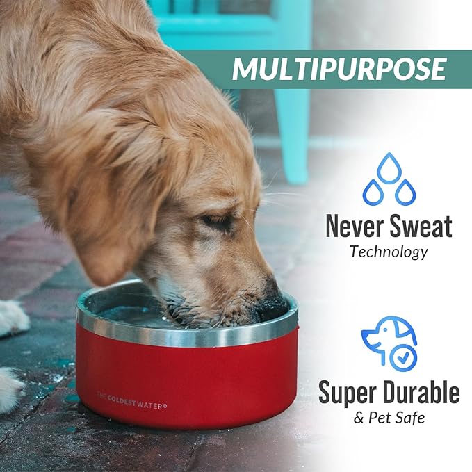 Coldest Dog Bowl - Anti Rust Metal, Non Slip, 3 Layers Insulated Stainless Steel Dog Bowls - Spill Proof & Heavy Duty - Water Bowl for Dogs, Cats & Pets, Dish Washer Safe (42 oz,Candy Red Glitter)