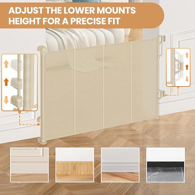 Reinforced Retractable Baby Gate or Mesh Dog Gate,Easy to Use for Stairs, Doorways, Hallways, Indoor, Outdoor, Wide Pet Gate 33.5" Tall, Extends to 55" Wide, Cream