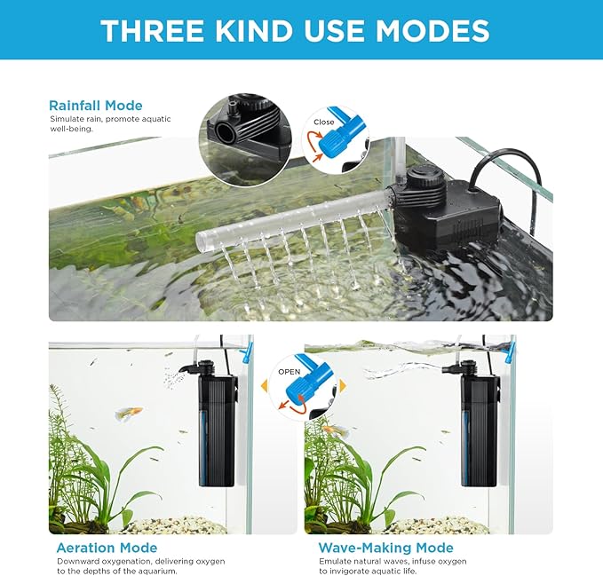 Internal Fish Tank Filter, 4W Adjustable Water Flow Submersible Aquarium Filter Pump for 10~20 Gallon Freshwater or 10~15 Gallon Saltwater, 2 Mode Aeration & Rainfall, TE-200(65GPH)