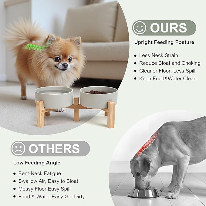 SPUNKYJUNKY Elevated Dog Bowls Ceramic, 5.1'' Dogs and Cat Food Water Bowls Raised with Non-Slip Bamboo Stand for Puppy Small Sized Breed Microwave Dishwasher Safe - 13.5 OZ,Grey