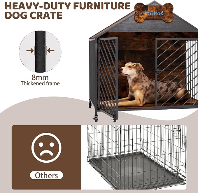 Furniture-Style Dog Crate with Gable Roof Design, Double Locking Doors Indoor Kennel for Small & Medium Dogs, Chew-Proof Escape-Proof Dog Cage, Rustic Brown
