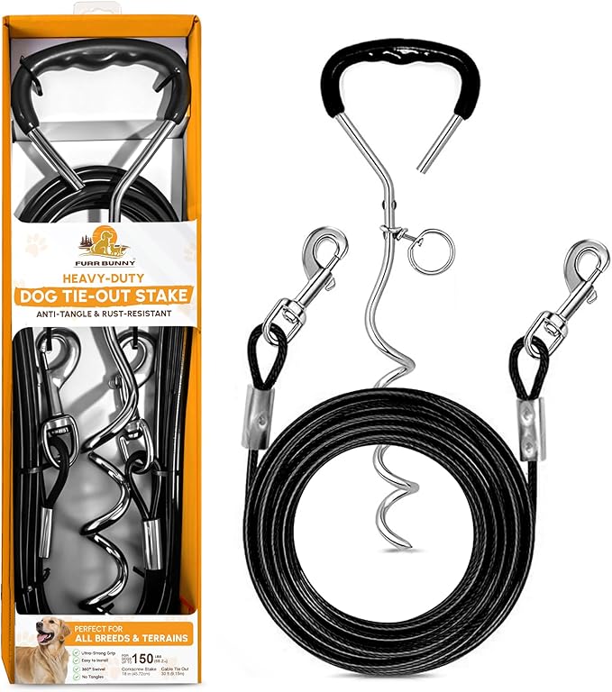 Heavy Duty Dog Tie Out Cable and Stake for Large to Extra Large Dogs Upto 150 LBs – Anti-Tangle, Rust-Resistant, 360° Swivel Leash System – 18 Inches Spiral Anchor and 7mm 30 FT Long Leash