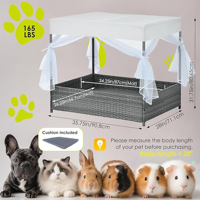 Wicker Dog House Outdoor Indoor with Canopy, Weatherproof Outside Dog Shelter Bed with Cushion, 4Sided Mesh Windows, Pet House Tent Shade for Small Medium Dogs, Rattan Dog Cot for Patio Yard Gray