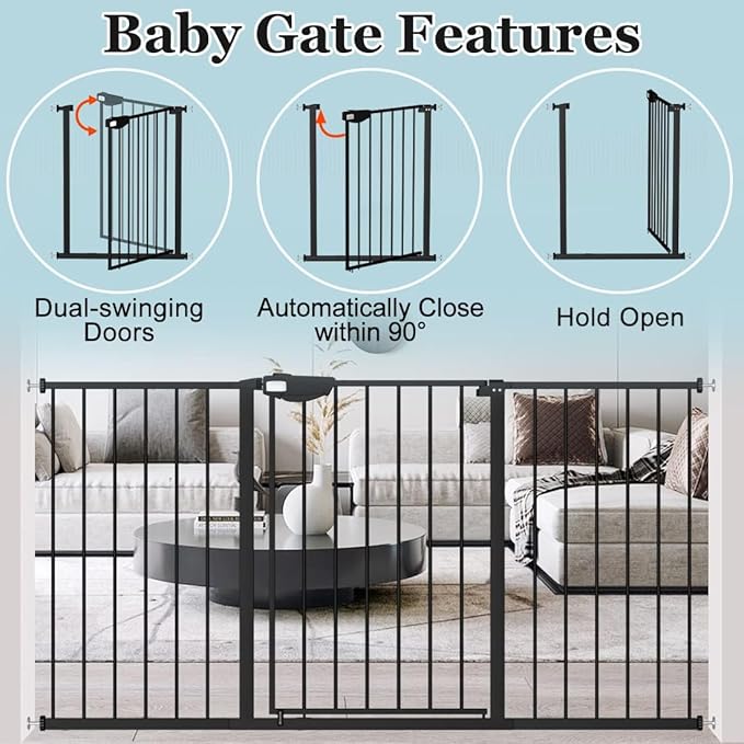 WAOWAO Triple Lock Baby Gate Extra Wide 44.48-48.42" Pressure Mounted Walk Through Swing Auto Close Safety Black Metal Dog Pet Puppy for Stairs,Doorways,Kitchen