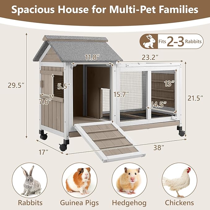 76''L Rabbit Hutch Outdoor Indoor with Wheels, Wooden 2 Story Bunny House Rabbit Cage with Run, Waterproof Roof, Pull Out Tray, Guinea Pig Cage Chicken Coop for Small to Medium Pets