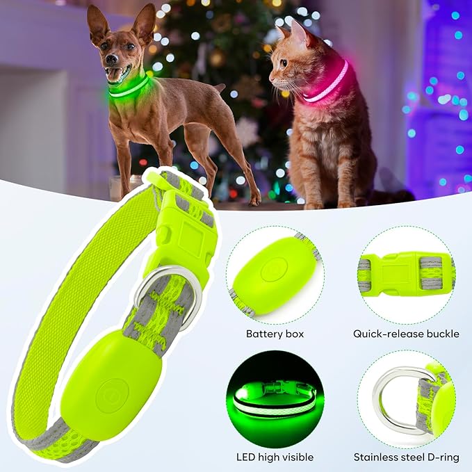 Flashseen LED Cat Collar,Light Up Dog Collar Rechargeable, Dog Lights for Night Walking, Comfortable Soft Mesh Pet Collar Adjustable for Cats Puppy and Small Dogs(Neon Green, XS)