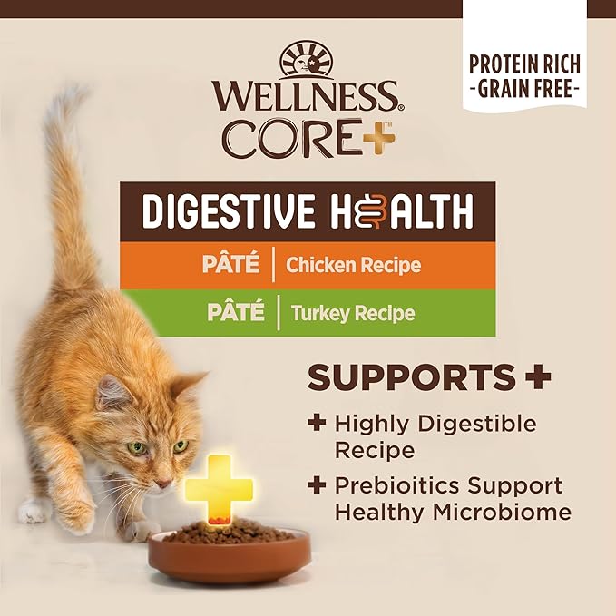 Wellness CORE+ Digestive Health Pate Adult Wet Cat Food, Natural, Protein-Rich, Grain Free, 3 Ounce, 12 Pack (Chicken & Turkey Variety Pack)