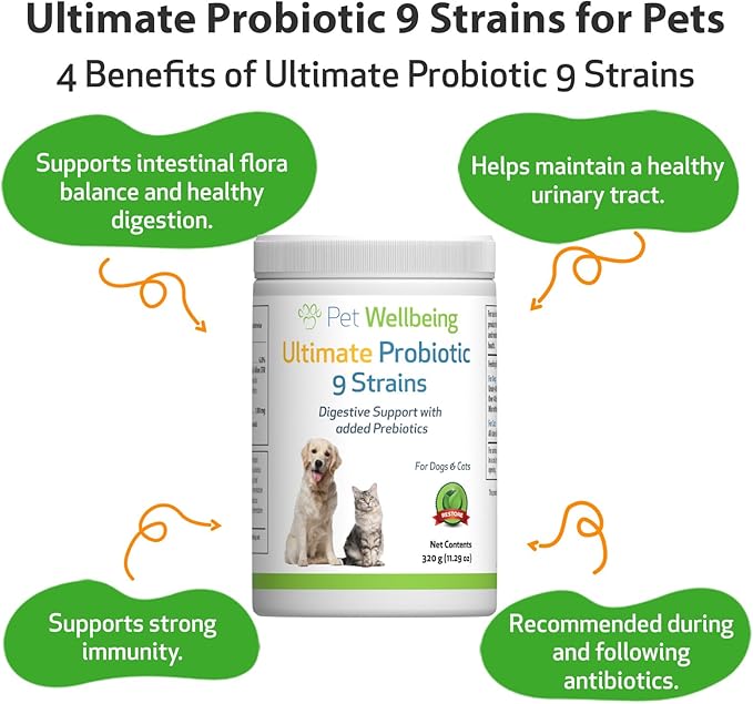 Pet Wellbeing Ultimate Probiotic 9 Strains for Dogs & Cats - Supports The Gut Microbiome and Digestion, Immune System Care, Urinary Tract Health, FOS, 2.5 Billion CFU - 11.29 oz (320 g) Powder