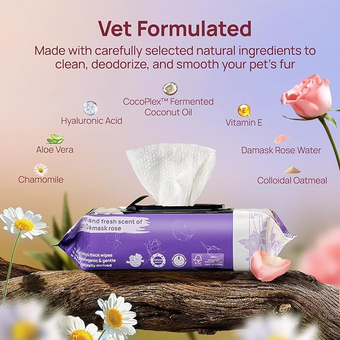 HICC PET Wipes for Dogs and Cats, Vet-Recommended Pets Cleaning Wipes, Deodorizing Hydrating, Nourishes Smoothes Fur, Fermented Coconut Oil Grooming Paws, Body and Butt, Thicken, Rose, 100 Count