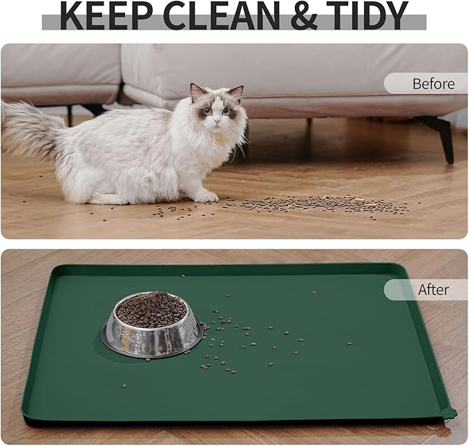 Waterproof Pet Feeding Mat with High Raised Edges, Heavier and Thicker Placemats for Cat Dog Water Bowl with BPA Free, Dogs Cats Food Mats for Messy Drinkers to Prevent Spill and Protect Floors