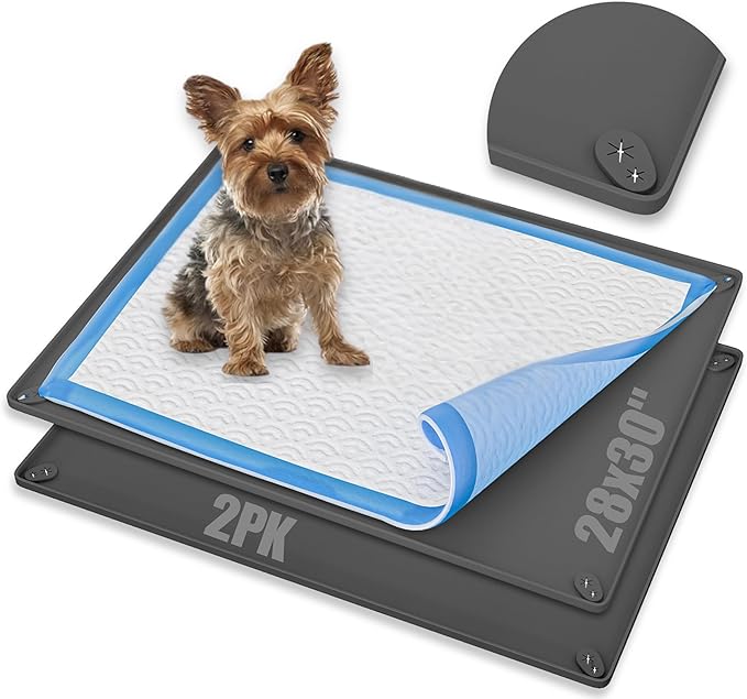 TidyFriend 2 Pk Pee Pad Holder Tray for 28” x 23” Pee Pads with Corner Lock Holes, Raised Edges, Non-Spill, Easy to Clean Silicone Dog Potty Tray Holder, for Indoor Floor Protection (Black)