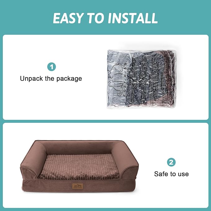 Orthopedic Dog Bed for Large Dog, Pet Couch for Medium Dog Cat, Big Supportive Foam Bolster Sofa with Waterproof Lining Cover, Anti-Slip, Comfort, Washable, 36x27x7.5 in, U Shape, Brown