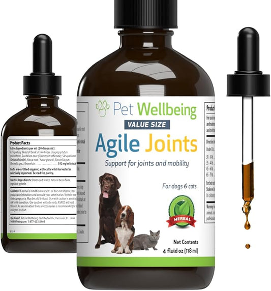 Pet Wellbeing Agile Joints for Dogs - Hip and Joint Health, Mobility, Devil’s Claw, Boswellia, Joint Ligament and Cartilage - Veterinarian-Formulated Herbal Supplement 4 oz (118 ml)