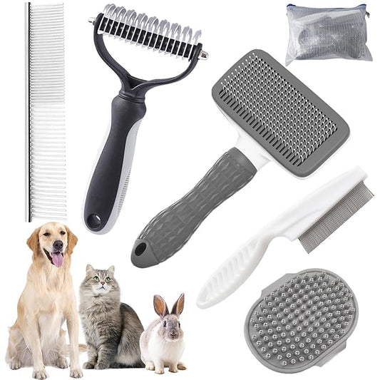 Dog Brush for Shedding,6 PCS in One Pet Slicker Hair Brush Kit Organizer Bag - Dog Cat Grooming Deshedding Undercoat Rake Brush Comb for All Small Large Dogs Cats Grey