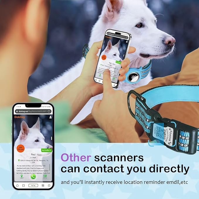 Reflective Dog Collar with Apple AirTag Holder & QR Code Pet ID Tag,Soft Nylon Adjustable Dog Tracker Collar with Safety Lock for Large Dogs(Blue, L（16"-26"）)