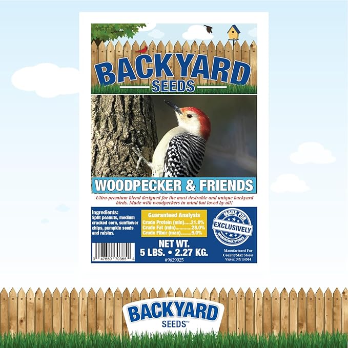 CountryMax Backyard Seeds Woodpecker No Waste Bird Seed Mix – 5 lb Bag | Shelled Peanuts, Sunflower Chips, Tree Nuts | Attracts Woodpeckers, Nuthatches, Jays