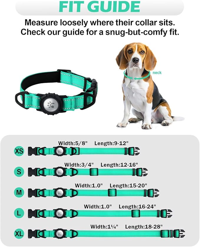 TagME Airtag Dog Collar,Waterproof Reflective Pet Collar with Airtag Holder,Soft Padded and Double D-Rings for Puppy,Turquoise